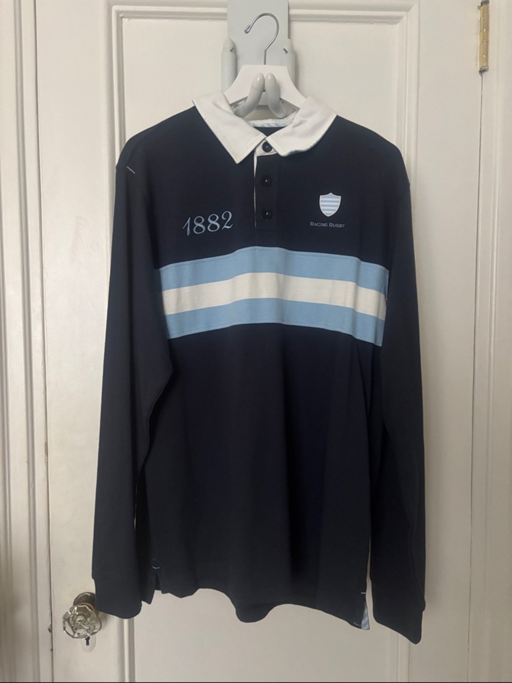 Long-Sleeve Polo in Navy, Carolina Light Blue & White